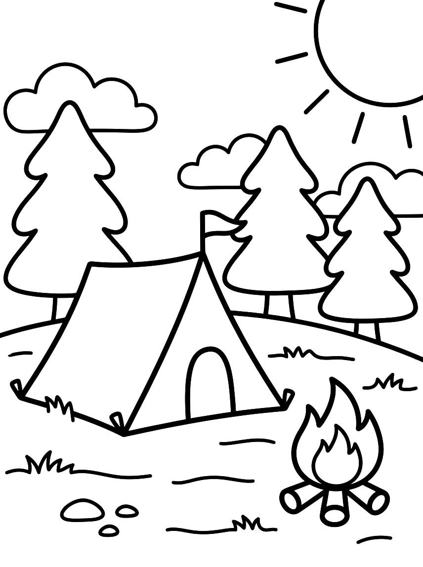 Fise de colorat cu Desenează Camping gratuit simplu