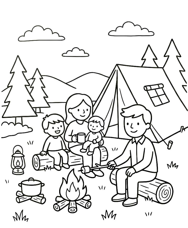Fise de colorat cu Desenează Camping gratuit uşor