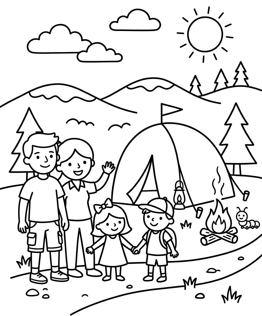 Fise de colorat cu Desenează Camping gratuit