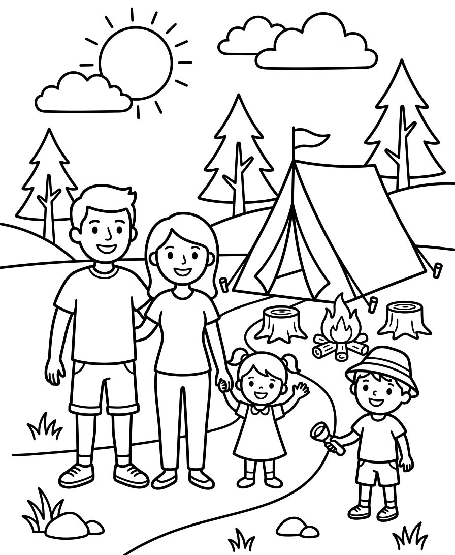 Fise de colorat cu Desenează Camping imprimabil bazic