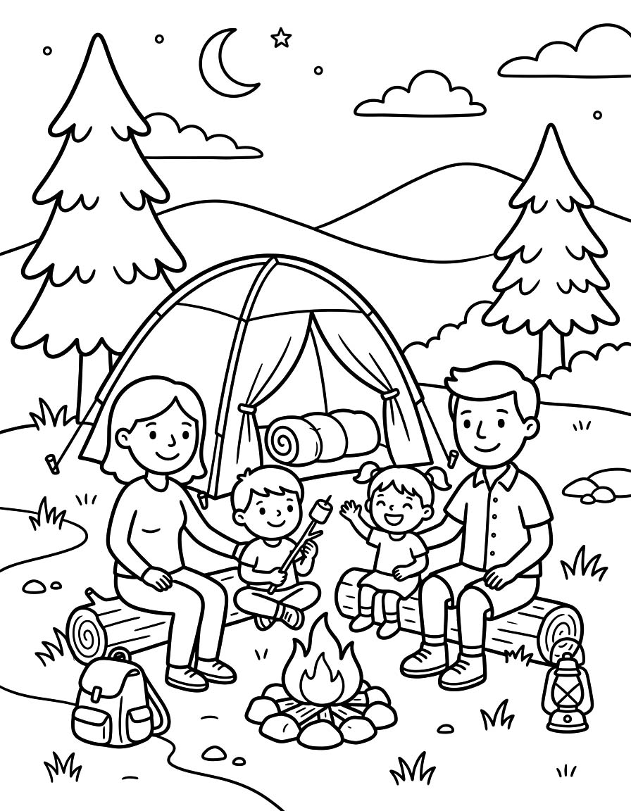 Fise de colorat cu Desenează Camping imprimabil gratuit simplu