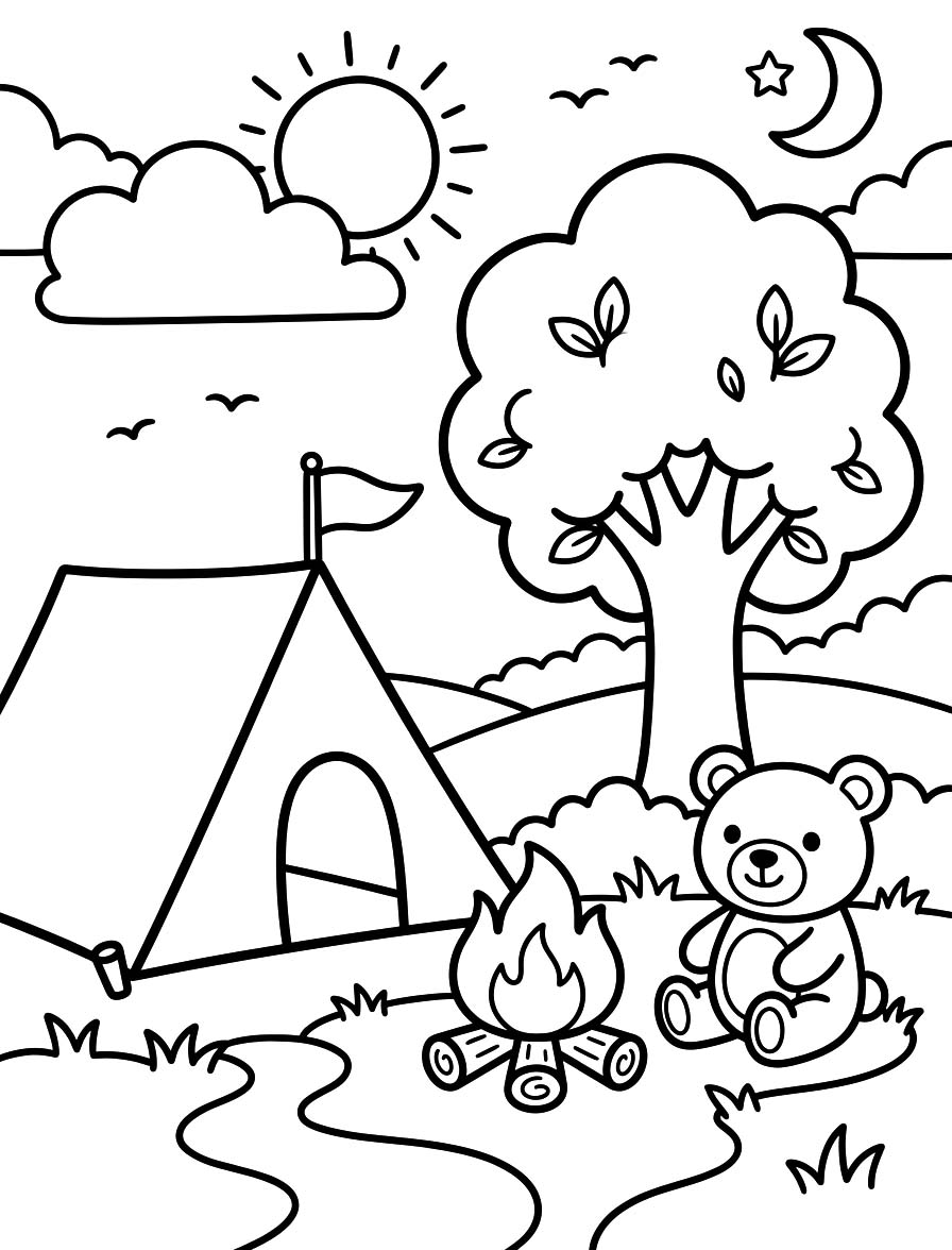 Fise de colorat cu Desenează Camping imprimabil gratuit