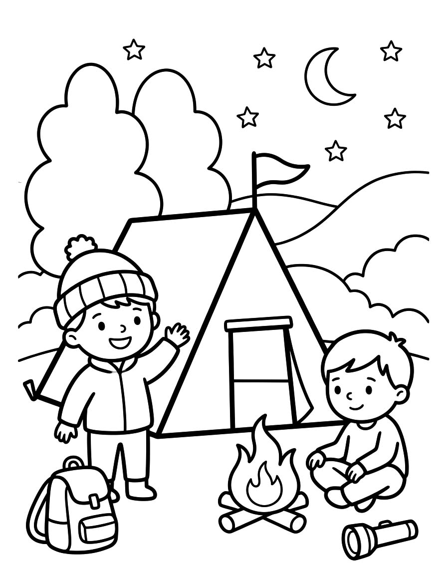 Fise de colorat cu Desenează Camping imprimabil pentru copii