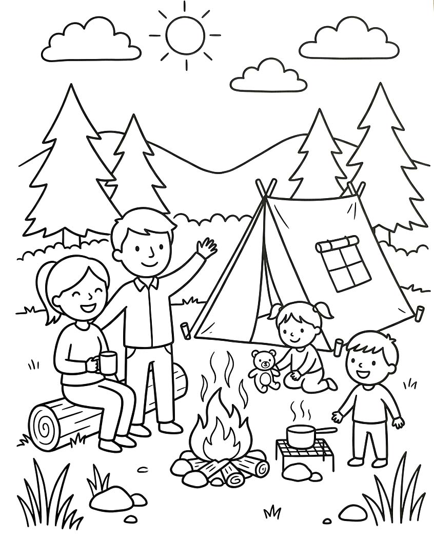 Fise de colorat cu Desenează Camping imprimabil simplu