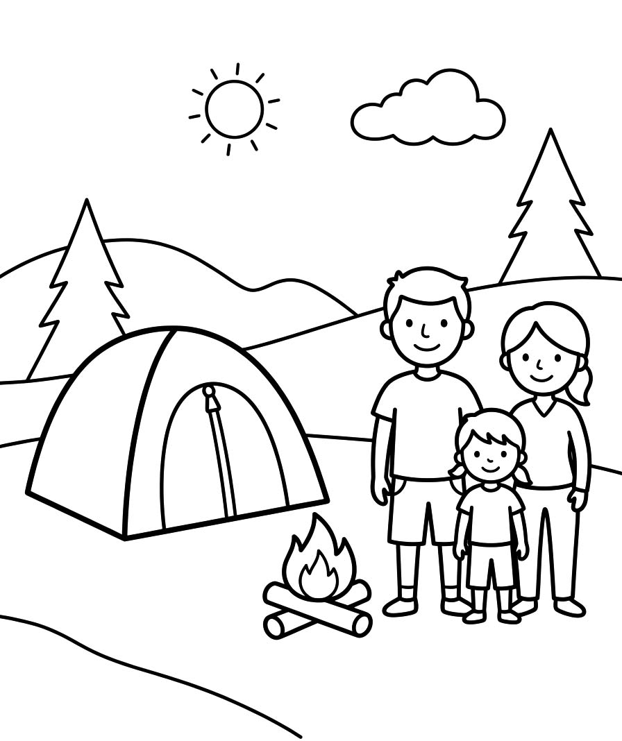 Fise de colorat cu Desenează Camping la copii