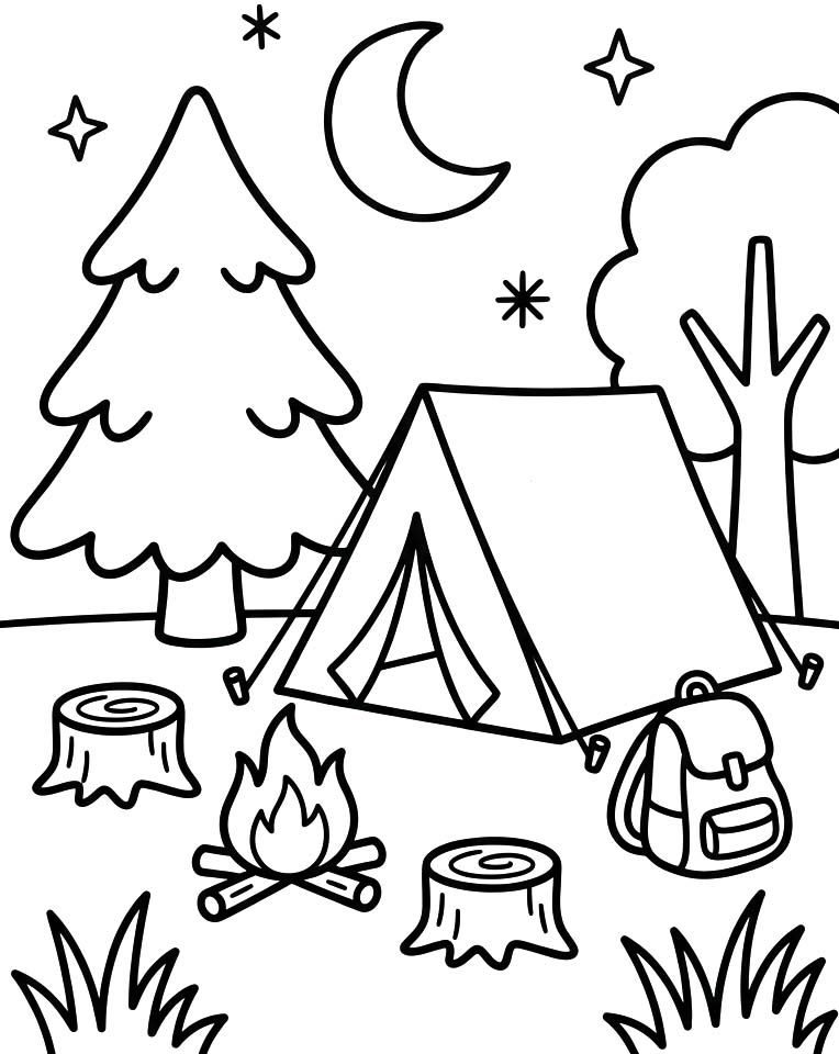 Fise de colorat cu Desenează Camping pentru copii