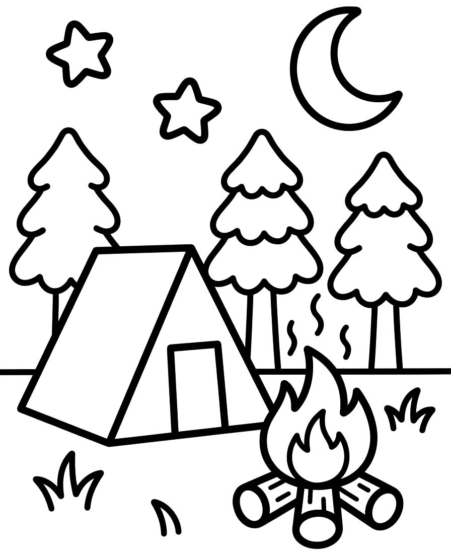 Fise de colorat cu Desenează Camping simplu la copii