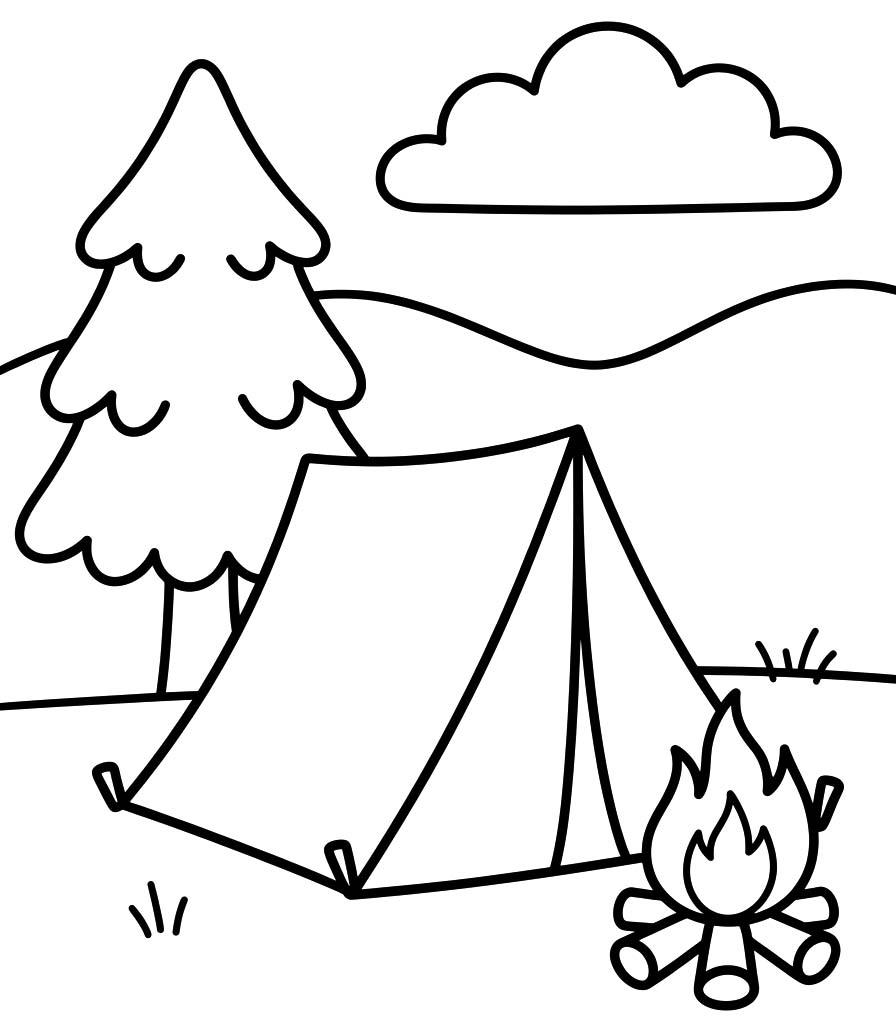 Fise de colorat cu Desenează Camping simplu