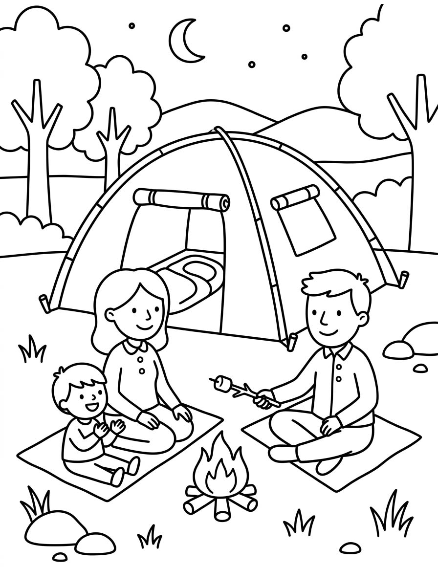 Fise de colorat cu Desenează Camping uşor la copii