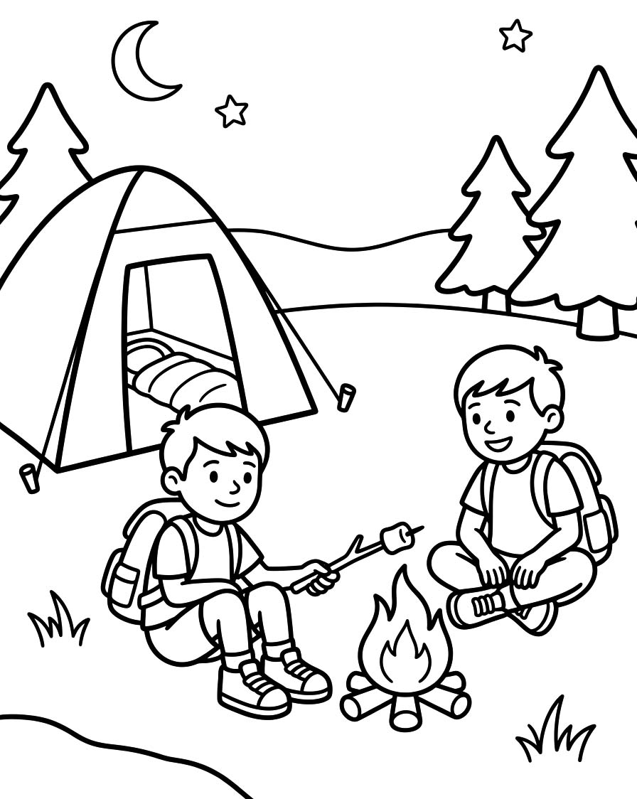 Fise de colorat cu Desenează Camping uşor