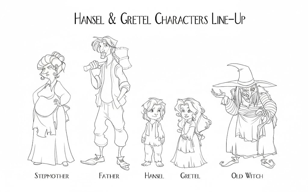 Fise de colorat cu Desenează Hansel si Gretel gratuit simplu