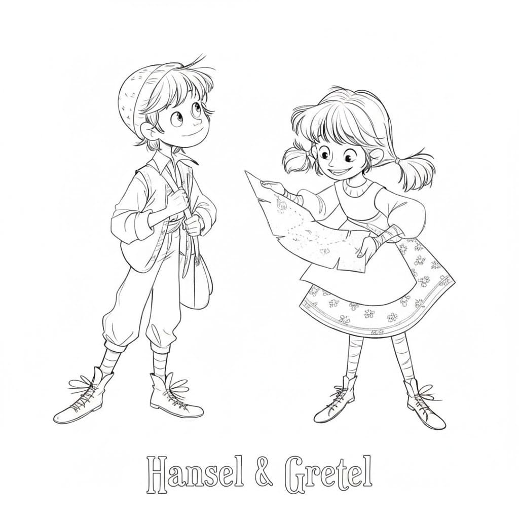 Fise de colorat cu Desenează Hansel si Gretel imprimabil gratuit bazic