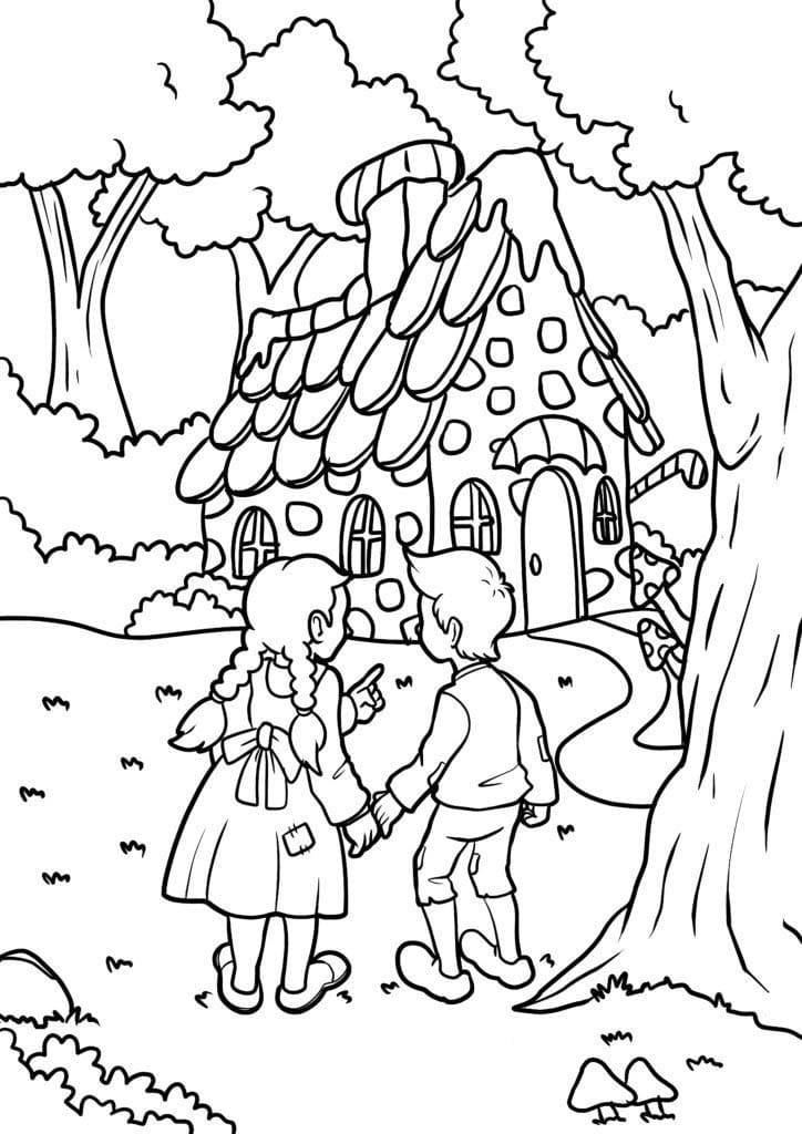Fise de colorat cu Desenează Hansel si Gretel imprimabil uşor