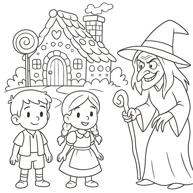 Fise de colorat cu Desenează Hansel si Gretel pentru copii