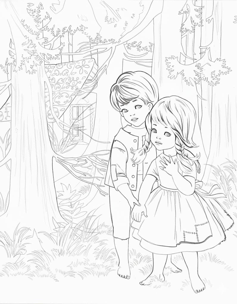 Fise de colorat cu Desenează Hansel si Gretel