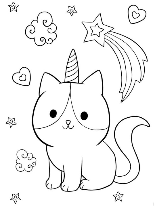 Fise de colorat cu Desenează Pisică Unicorn bazic la copii