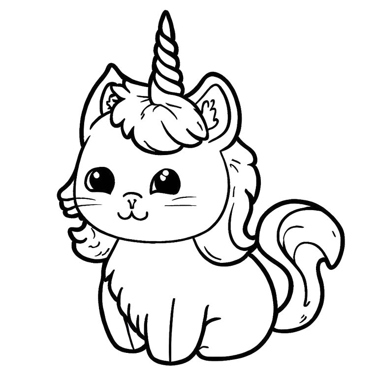Fise de colorat cu Desenează Pisică Unicorn imprimabil bazic