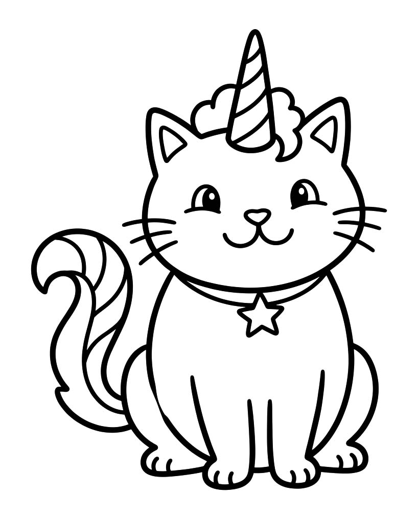 Fise de colorat cu Desenează Pisică Unicorn imprimabil gratuit