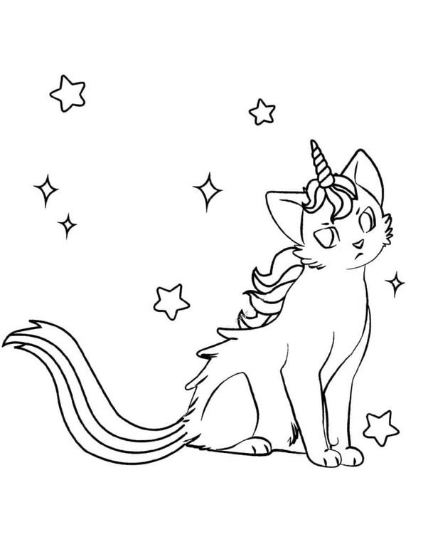 Fise de colorat cu Desenează Pisică Unicorn simplu