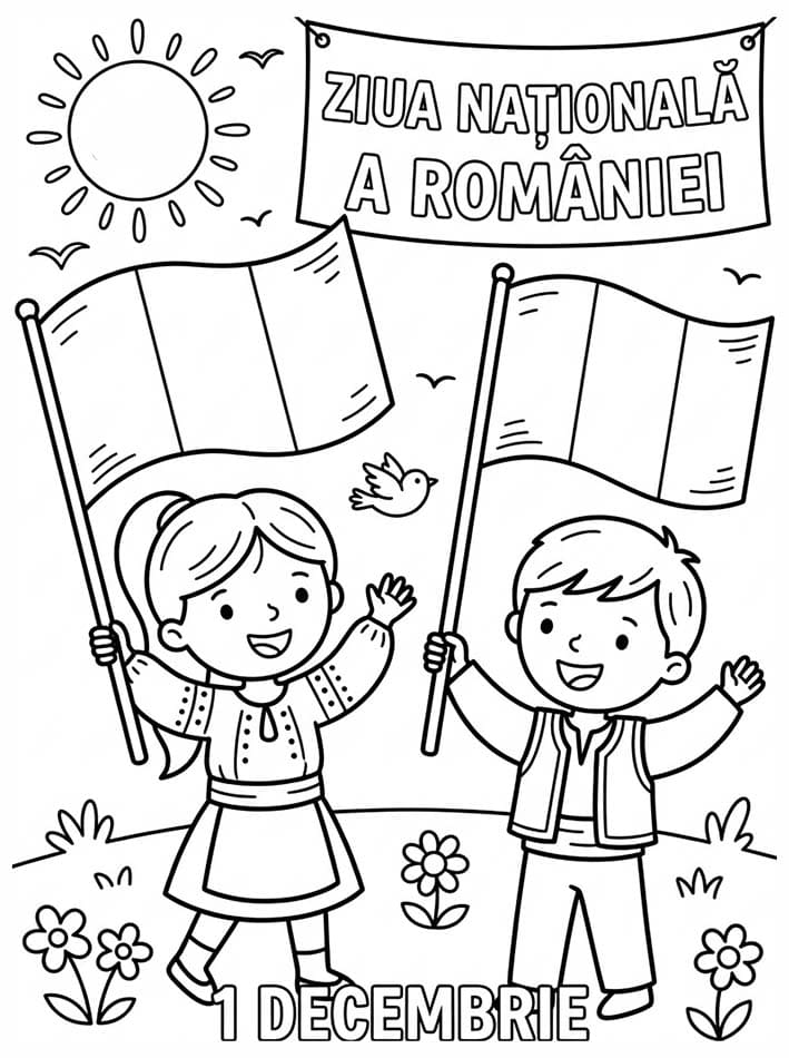 Fise de colorat cu Desenează Ziua Națională simplu la copii