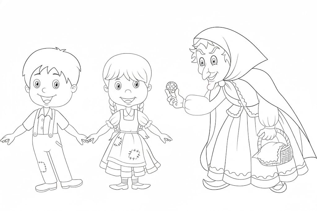 Fise de colorat cu Hansel si Gretel imprimabil gratuit pentru copii