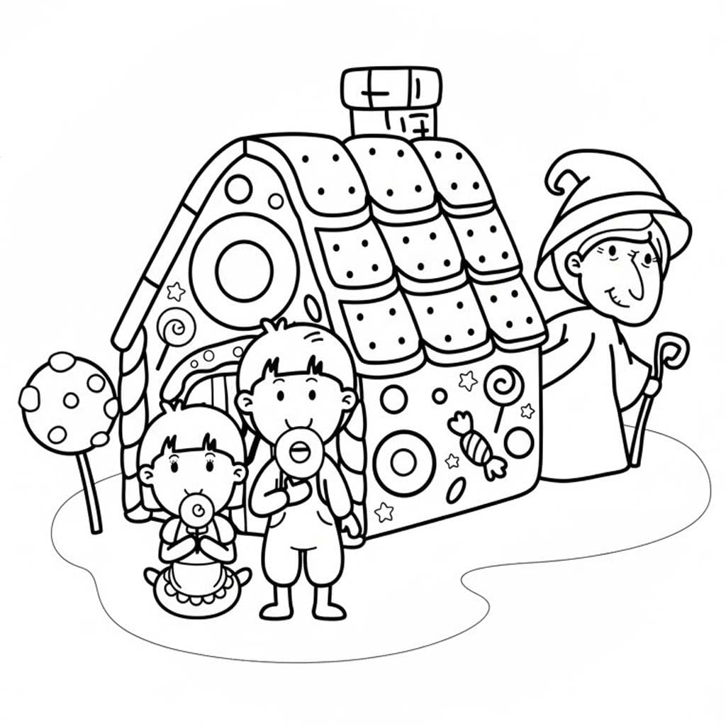 Fise de colorat cu Hansel si Gretel imprimabil simplu