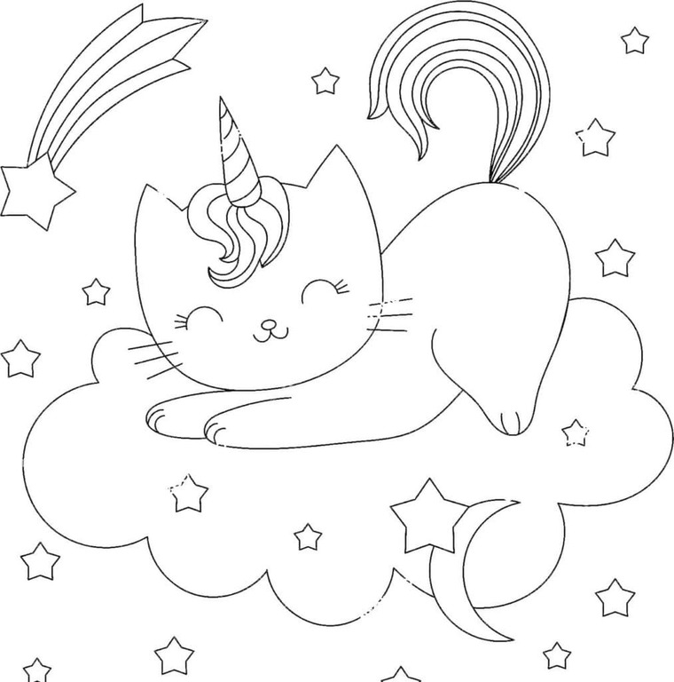 Fise de colorat cu Pisică Unicorn imprimabil gratuit uşor