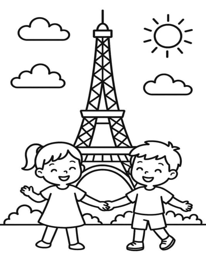 Fise de colorat cu Desenează Turnul Eiffel imprimabil gratuit uşor