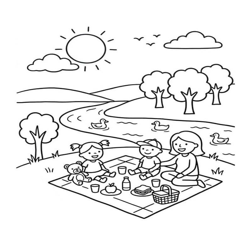 Fise de colorat cu Desenează Picnic imprimabil gratuit uşor