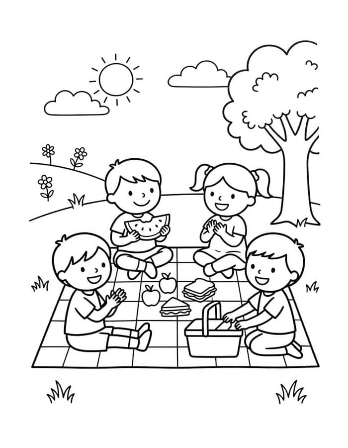 Fise de colorat cu Picnic imprimabil gratuit simplu
