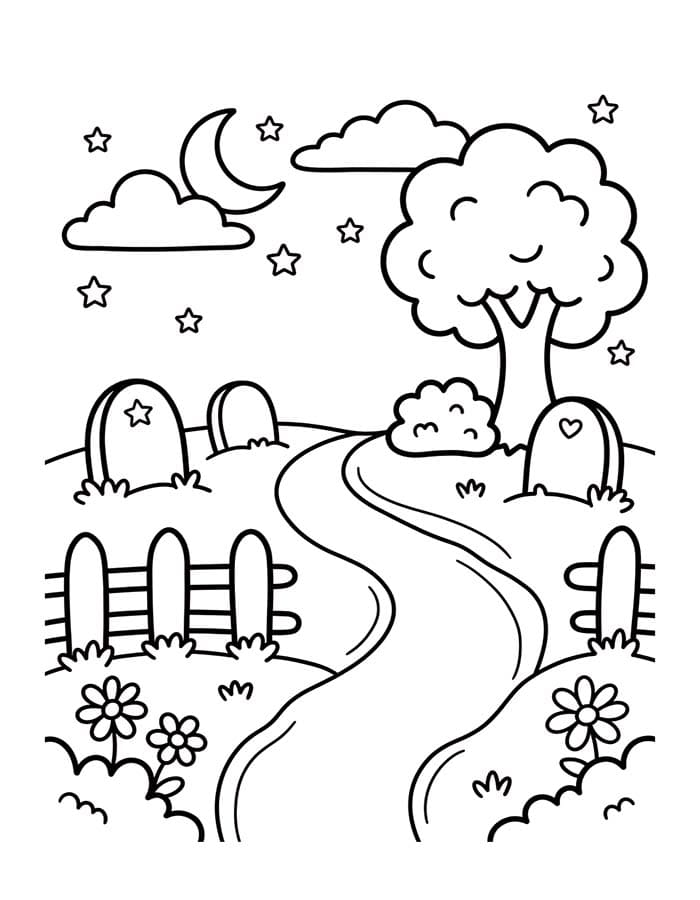 Fise de colorat cu Desenează Cimitir gratuit simplu