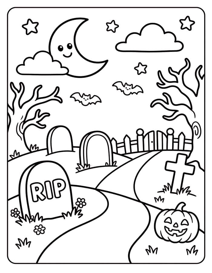 Fise de colorat cu Desenează Cimitir uşor la copii