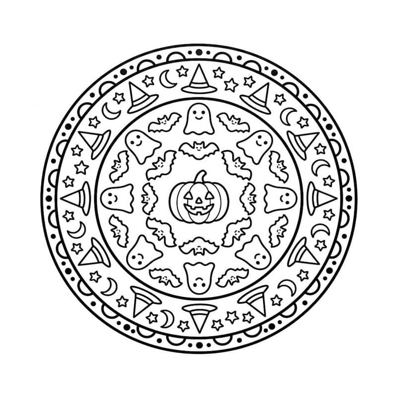 Fise de colorat cu Desenează Mandala de Halloween gratuit bazic