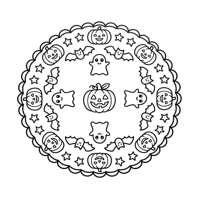 Fise de colorat cu Desenează Mandala de Halloween imprimabil gratuit uşor