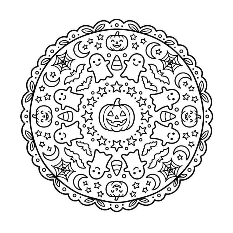 Fise de colorat cu Desenează Mandala de Halloween pentru copii