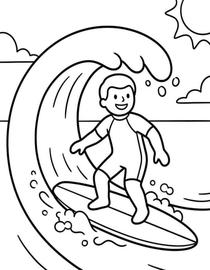 Fise de colorat cu Desenează Surfing simplu la copii