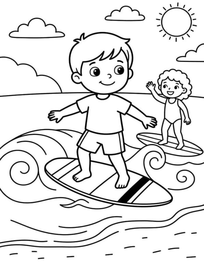 Fise de colorat cu Desenează Surfing simplu