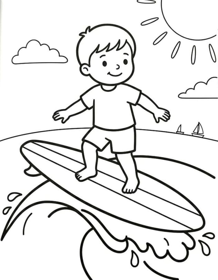 Fise de colorat cu Surfing simplu la copii